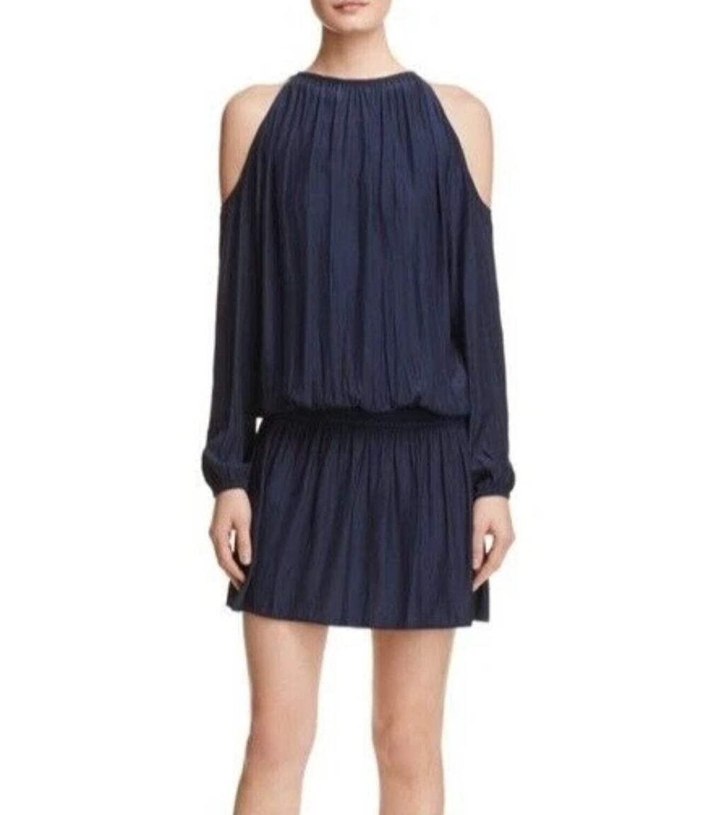 Ramy Brook Lauren Cold Shoulder Long Sleeves Blouson Dress Navy Size Medium